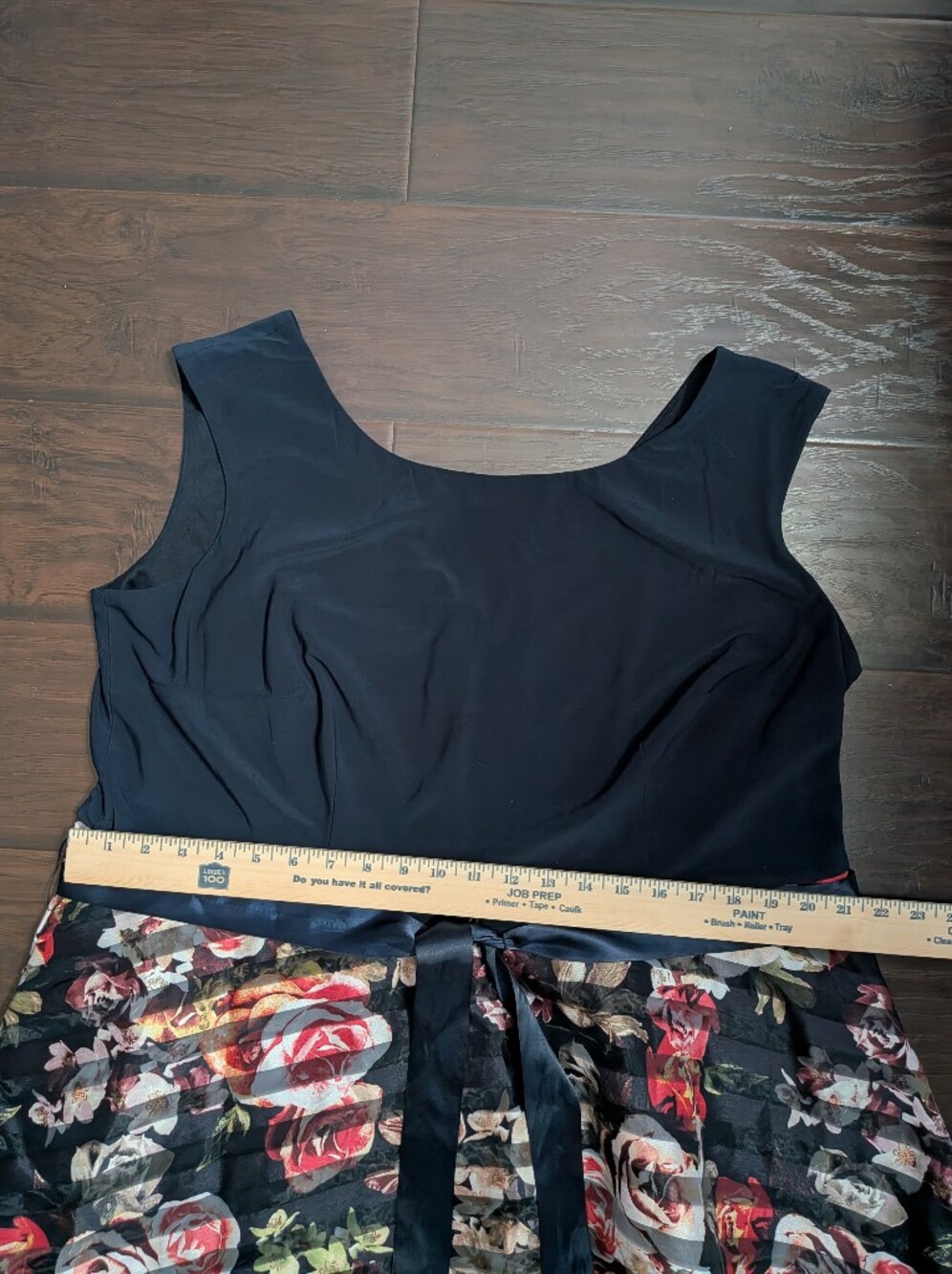 Navy Blue Floral Satin Belt Dress - Picture 10 of 11